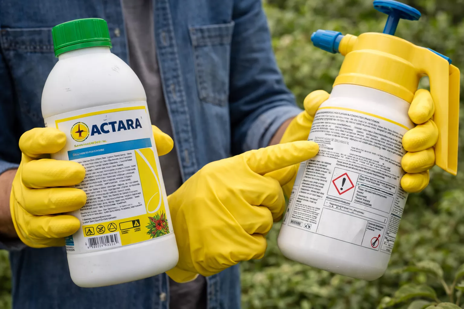 این تصویر نمایی از فردی است که در حال بررسی دقیق برچسبهای سموم است. او با دستکش زرد رنگ، یک بطری سم "اکتارا" در دست دارد و با دست دیگر، به برچسب سمپاش توجه میکند. این تصویر نشاندهنده اهمیت مطالعه و پیروی از دستورالعملهای کارخانهای برای مصرف سم است. www.nahalvand.com