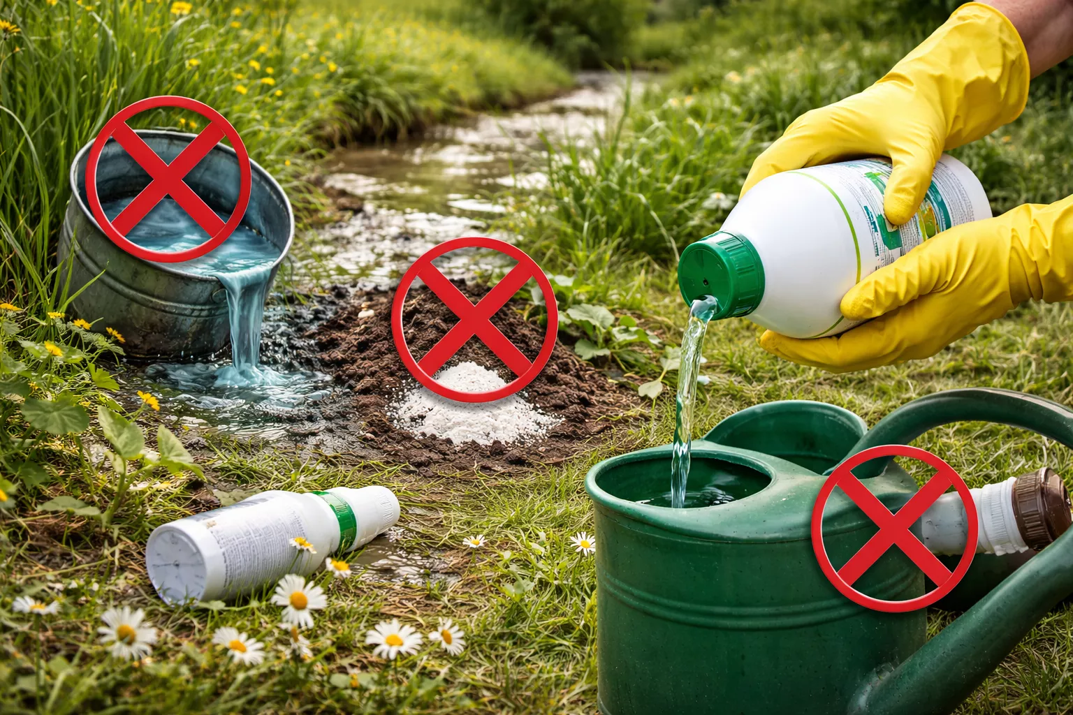 این تصویر نمایی از یک باغ است که نشاندهنده اهمیت مصرف صحیح سموم است. فردی با دستکش زرد رنگ در حال ریختن سم از یک بطری به آبیاری است و در کنار آن، علامت قرمز "X" روی مناطقی که سم نباید ریخته شود، مانند خاک آزاد و آب، قرار دارد. www.nahalvand.com