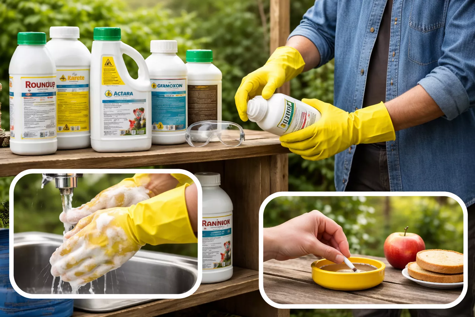 این تصویر نمایی از یک فرد است که در حال کار با سموم کشاورزی است. فرد دستکشهای زرد رنگ به دست دارد و در حال استفاده از ظرفهایی مانند «اکتارا»، «رونداپ» و «دیازینون» روی یک قفسه چوبی است. در قسمت پایین تصویر، دستهای فرد در حال شستشو زیر شیر آب به وضوح نشان داده میشود تا پس از تماس با سم، ایمنی رعایت شود. همچنین در تصویر، فرد از عادات خطرناک مانند خوردن یا سیگار کشیدن در نزدیکی مواد شیمیایی اجتناب میکند. www.nahalvand.com