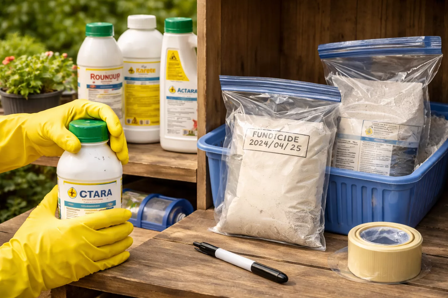 در این تصویر، یک فرد با دستکش زرد در حال بستن درب ظرف سم "اکتارا" است. کنار آن، کیسههای شفاف حاوی سم پودری "فنگی ساید" قرار دارند که تاریخ باز شدن روی آنها نوشته شده است. این تصویر نشان میدهد که چگونه سمها باید در ظروف محکم و بسته نگهداری شوند و تاریخ باز شدن آنها باید بر روی بستهها نوشته شود تا از نفوذ هوا و رطوبت جلوگیری شود. www.nahalvand.com