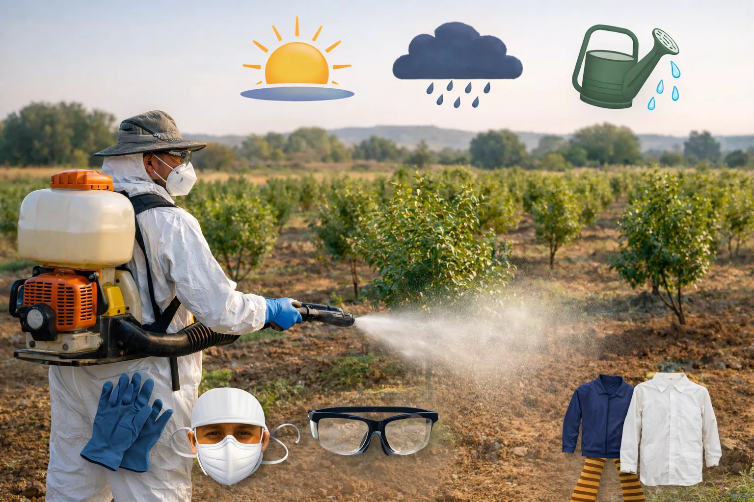 سمپاشی نهالهای عناب با استفاده از تجهیزات ایمنی شامل ماسک، عینک و دستکش در باغ www.nahalvand.com