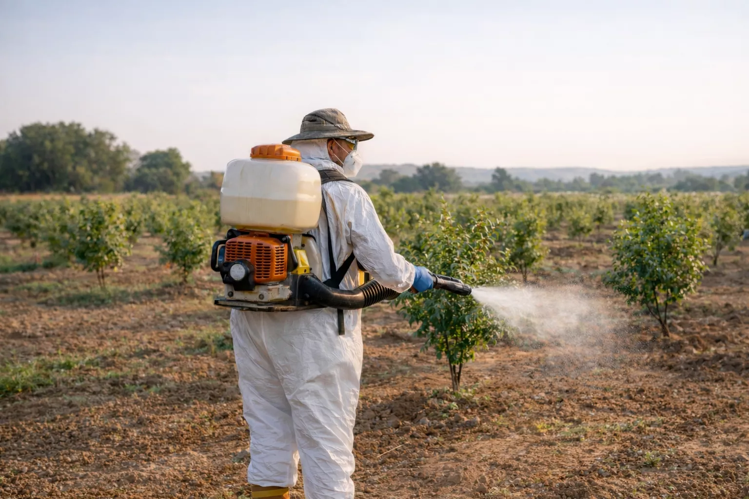 سمپاشی ایمن نهالها در باغ با رعایت فاصله مناسب و استفاده از تجهیزات کامل ایمنی www.nahalvand.com