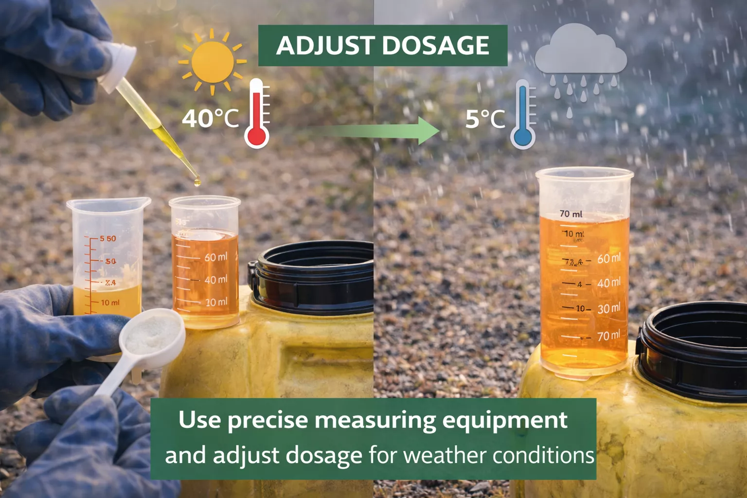 کشاورز در حال استفاده از تجهیزات دقیق اندازهگیری برای تنظیم دوز سم با توجه به شرایط آب و هوایی، در حال اندازهگیری سم برای شرایط گرم و بارانی www.nahalvand.com