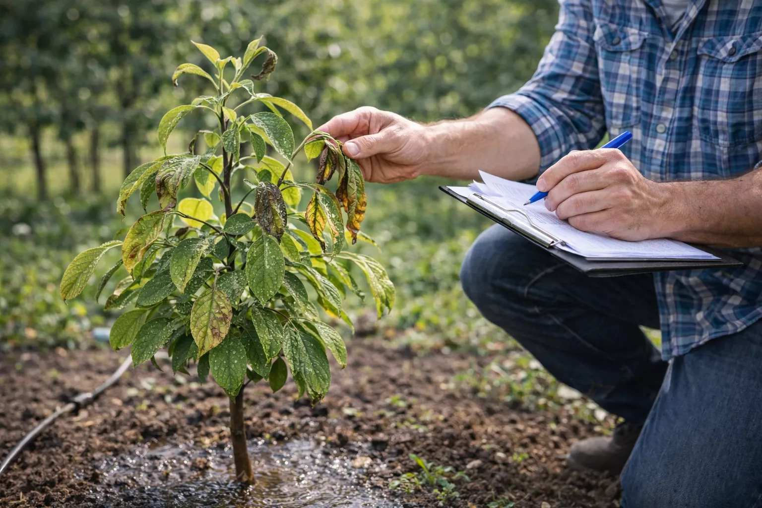 بررسی علائم تنش نهال چند ساعت پس از سمپاشی و کنترل وضعیت برگها در باغ www.nahalvand.com