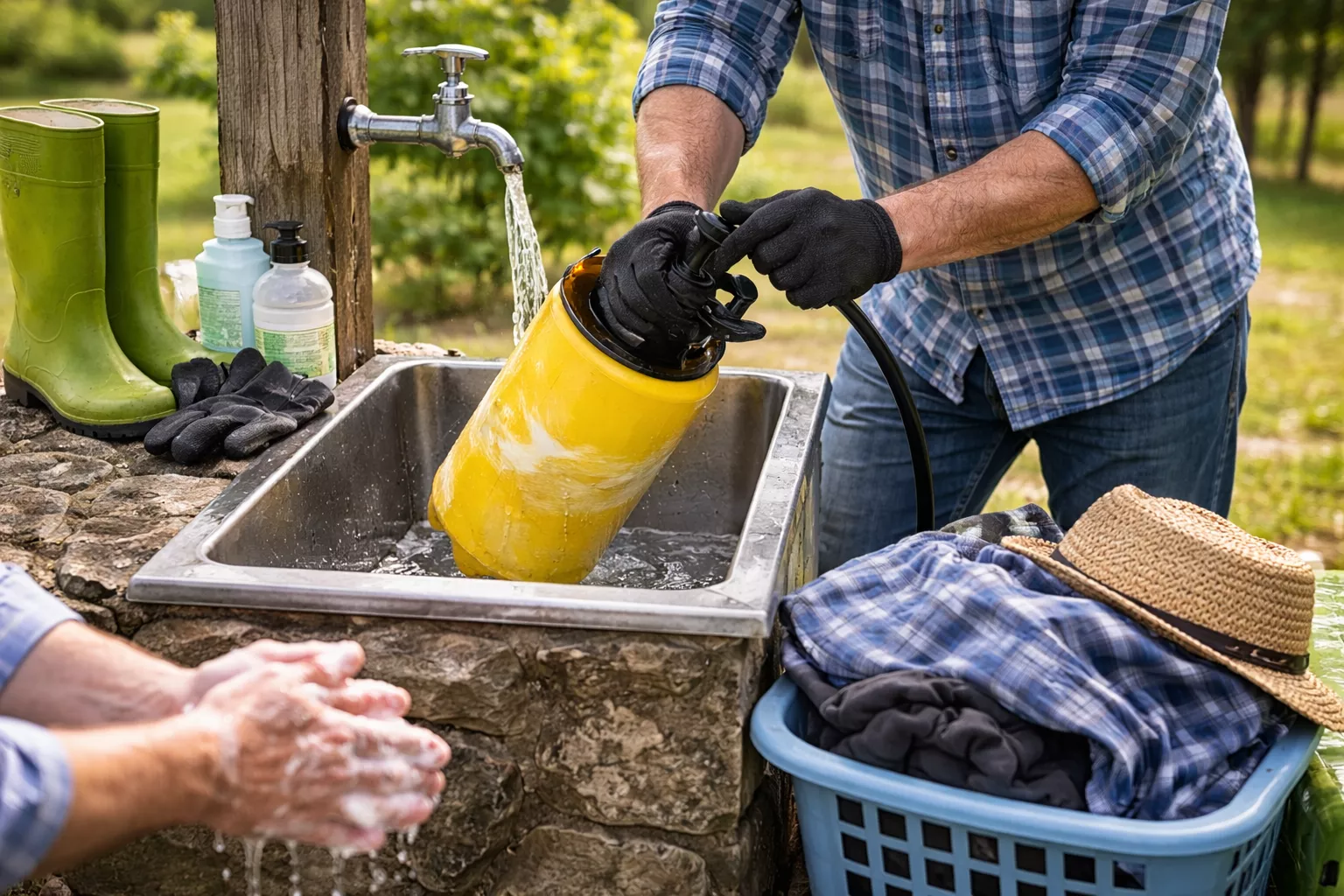 شستوشوی سمپاش و رعایت بهداشت فردی پس از پایان سمپاشی در محیط باغ www.nahalvand.com