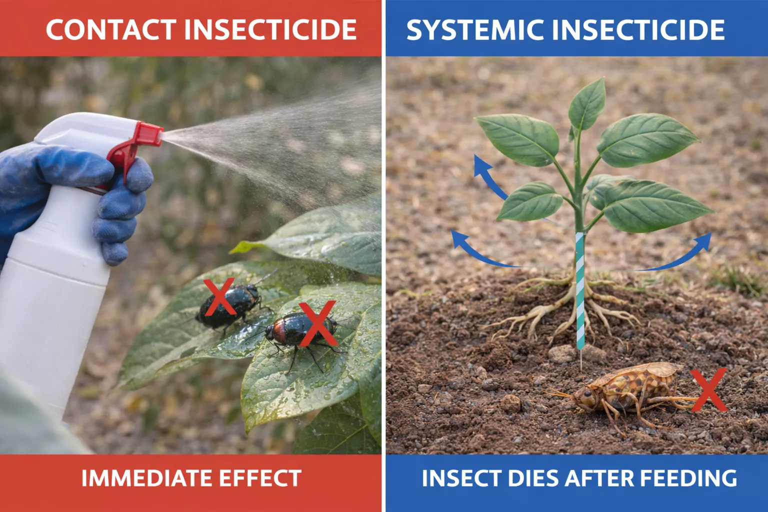 مقایسه اثر سمهای تماسی و سیستمیک بر آفات در یک تصویر، که در سمت چپ سم تماسی و در سمت راست سم سیستمیک نمایش داده شده است www.nahalvand.com