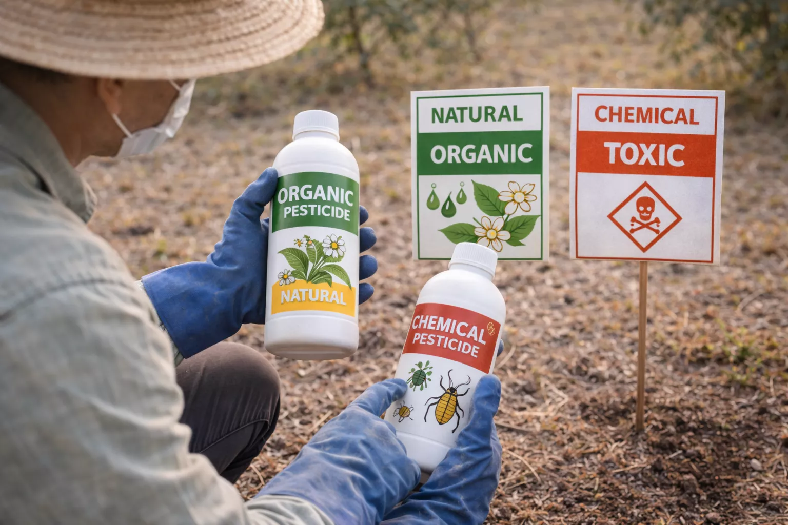 کشاورز در حال مقایسه سمهای ارگانیک و شیمیایی برای استفاده در مزرعه، با دقت به هر دو نوع سم نگاه میکند www.nahalvand.com