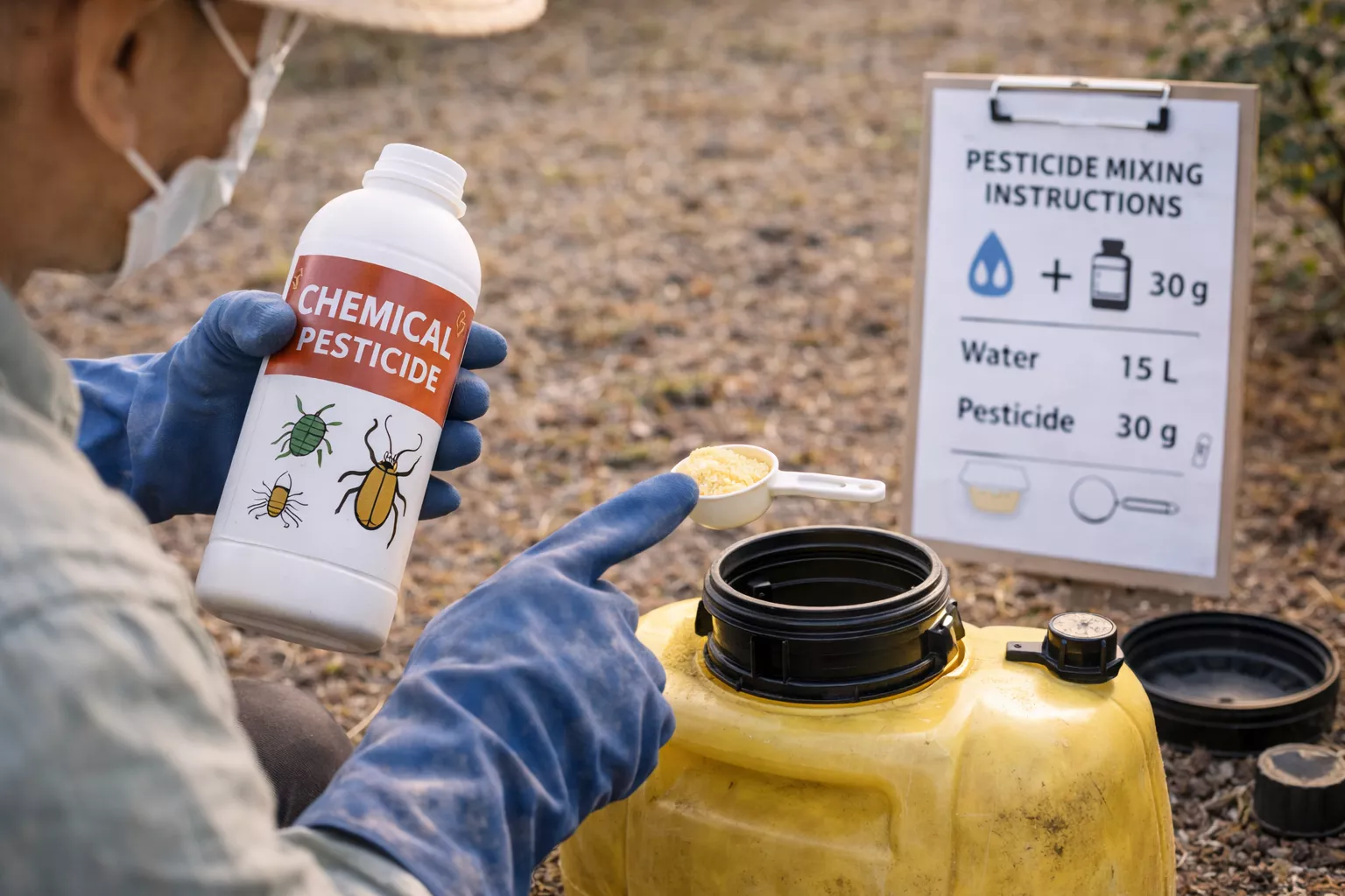 کشاورز در حال اندازهگیری دوز دقیق سم شیمیایی برای استفاده در سمپاش، مطابق با دستورالعملهای موجود www.nahalvand.com