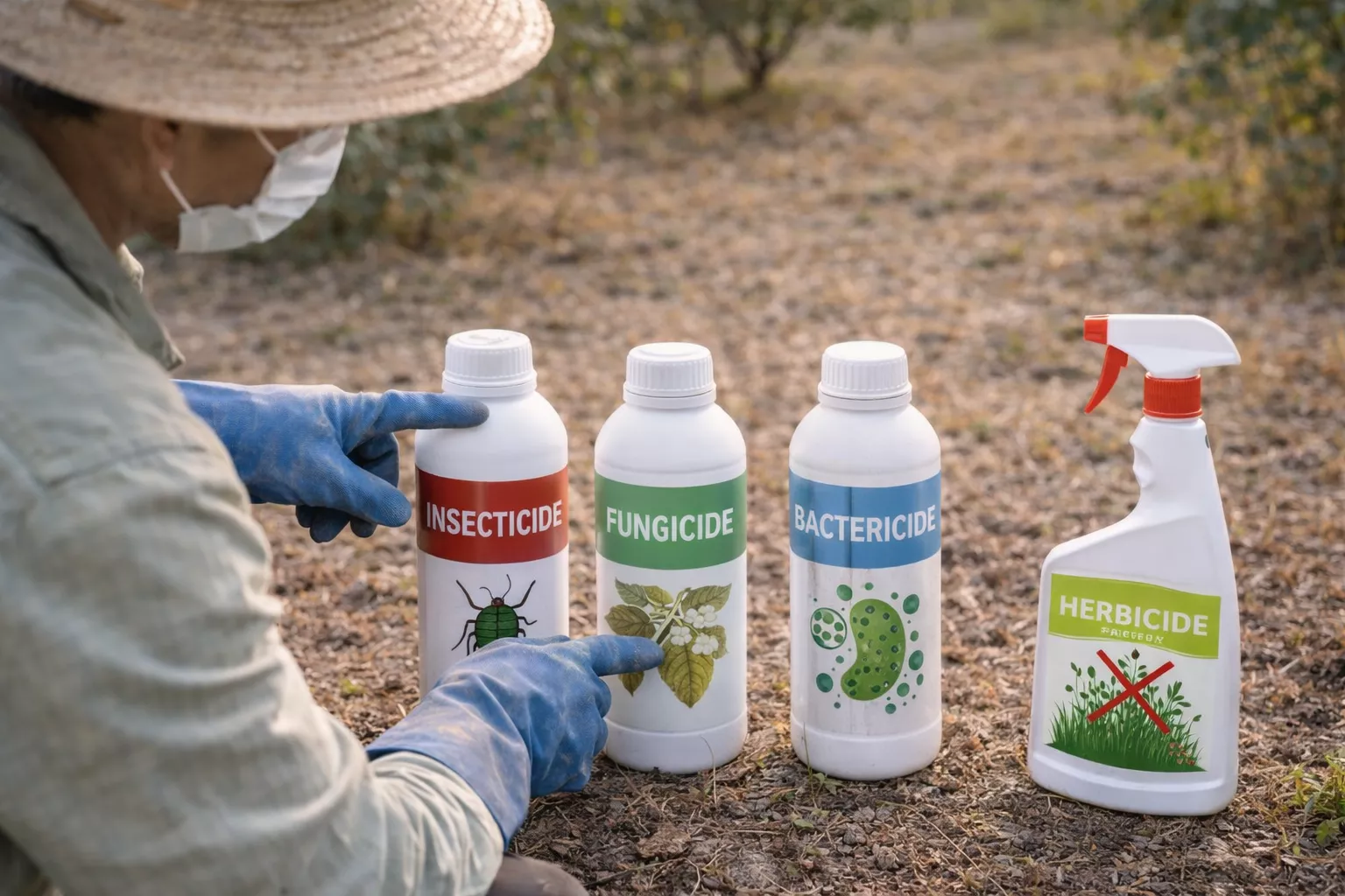 کشاورز در حال انتخاب سمهای مختلف شامل حشرهکش، قارچکش، باکتریکش و علفکش برای درختان عناب در یک زمین خشک و آفتابی www.nahalvand.com