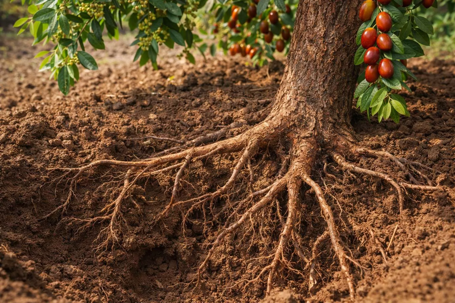 ریشههای درخت عناب که در خاک قرار دارند.