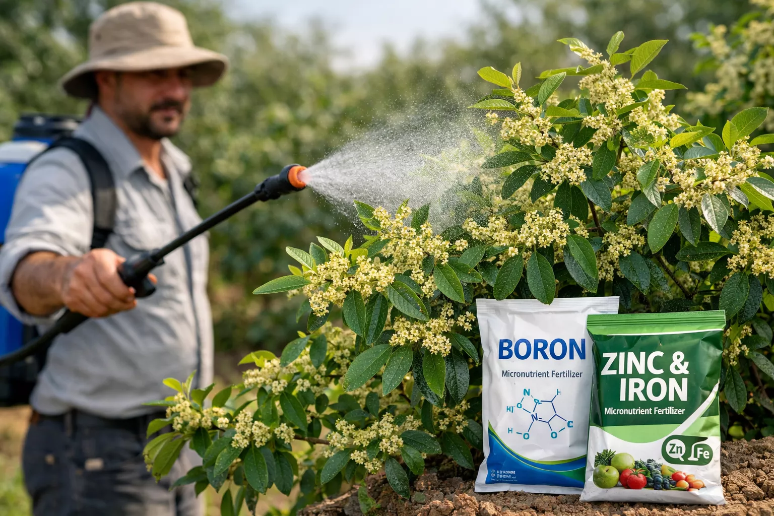 کشاورز در حال اسپری کردن کود میکروالمنت بور و روی و آهن روی گیاهان در باغ