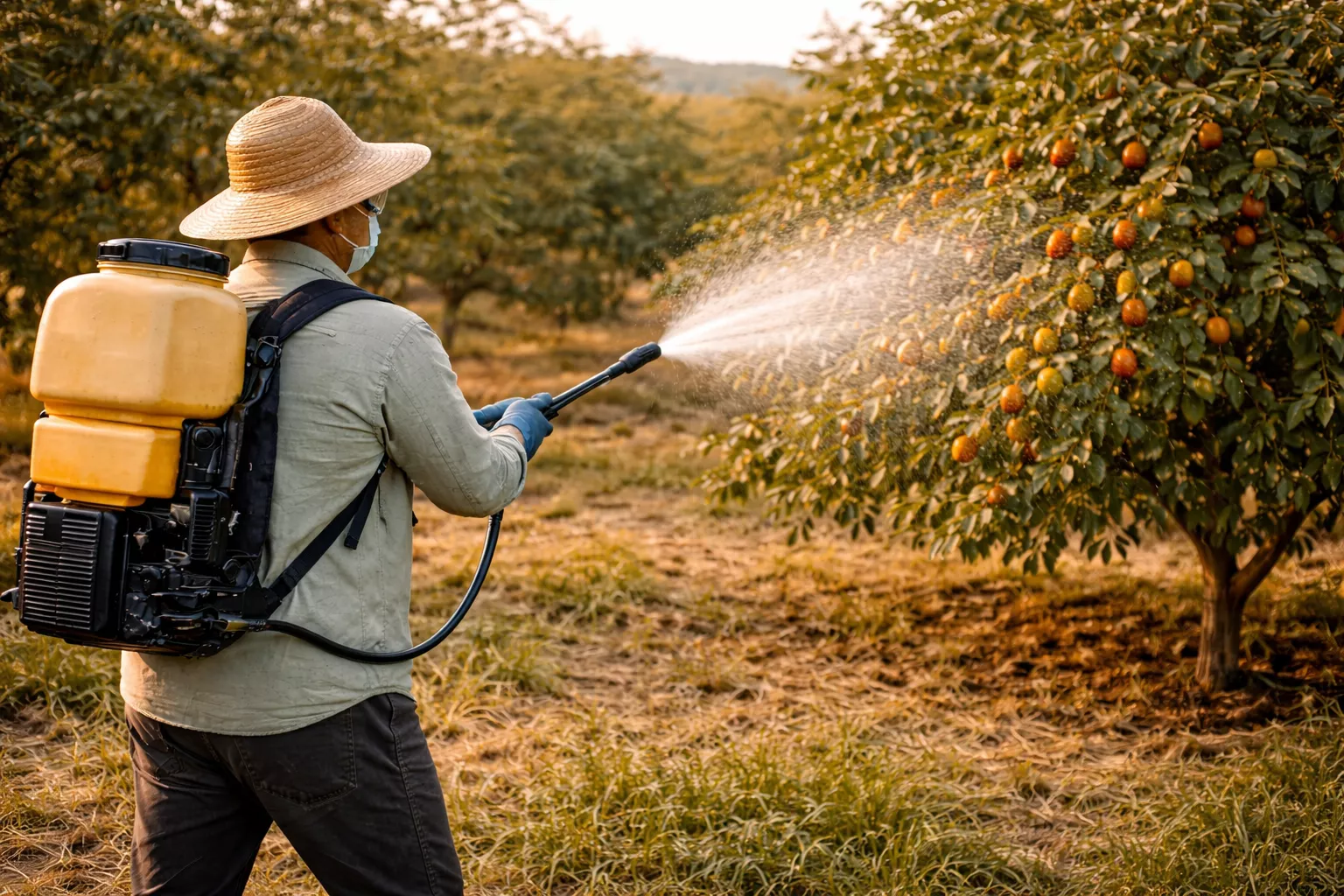 کشاورزی که در حال اسپری کردن آفتکش به درختان عناب در غروب است، با استفاده از سمپاش کولهای. www.nahalvand.com