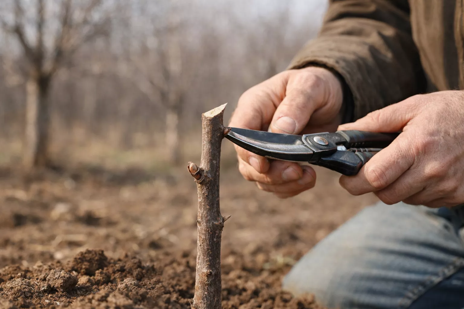"Close-up of a gardener pruning a jujube sapling in early spring. The gardener uses pruning shears to cut the main stem at an angle above a healthy bud, demonstrating proper pruning technique in an orchard setting
www.nahalvand.com