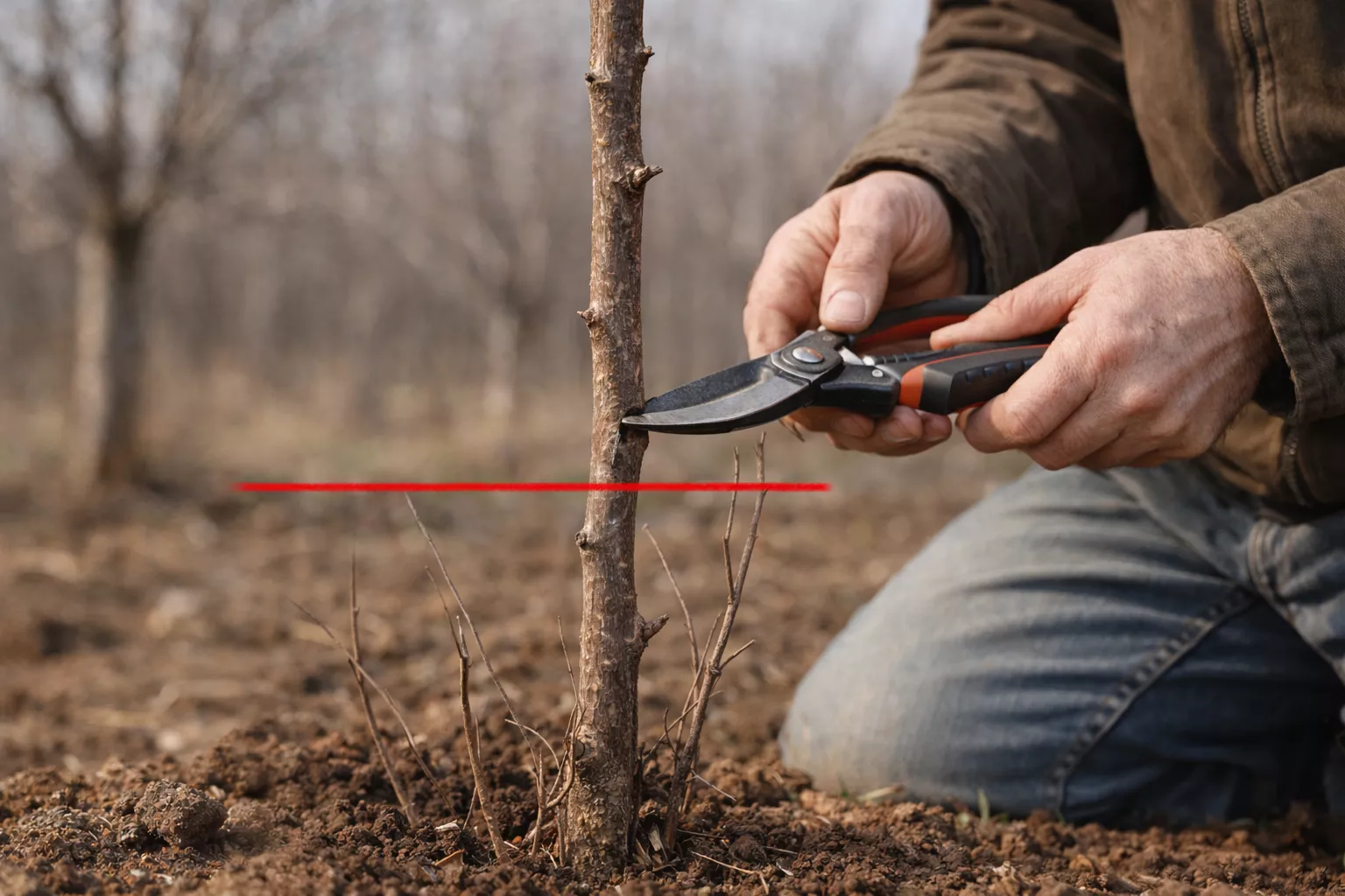 A gardener using pruning shears to trim weak branches below a red line on the main stem of a young tree, carefully clearing the lower trunk to promote healthy growth, with a blurred orchard in the background
www.nahalvand.com
