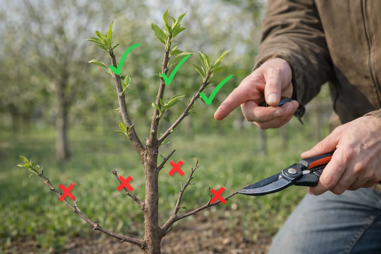 "A gardener using pruning shears to select and trim healthy branches of a young tree, marking strong branches with green checkmarks and removing weaker ones with red 'X' symbols in a sunlit orchard.
www.nahalvand.com