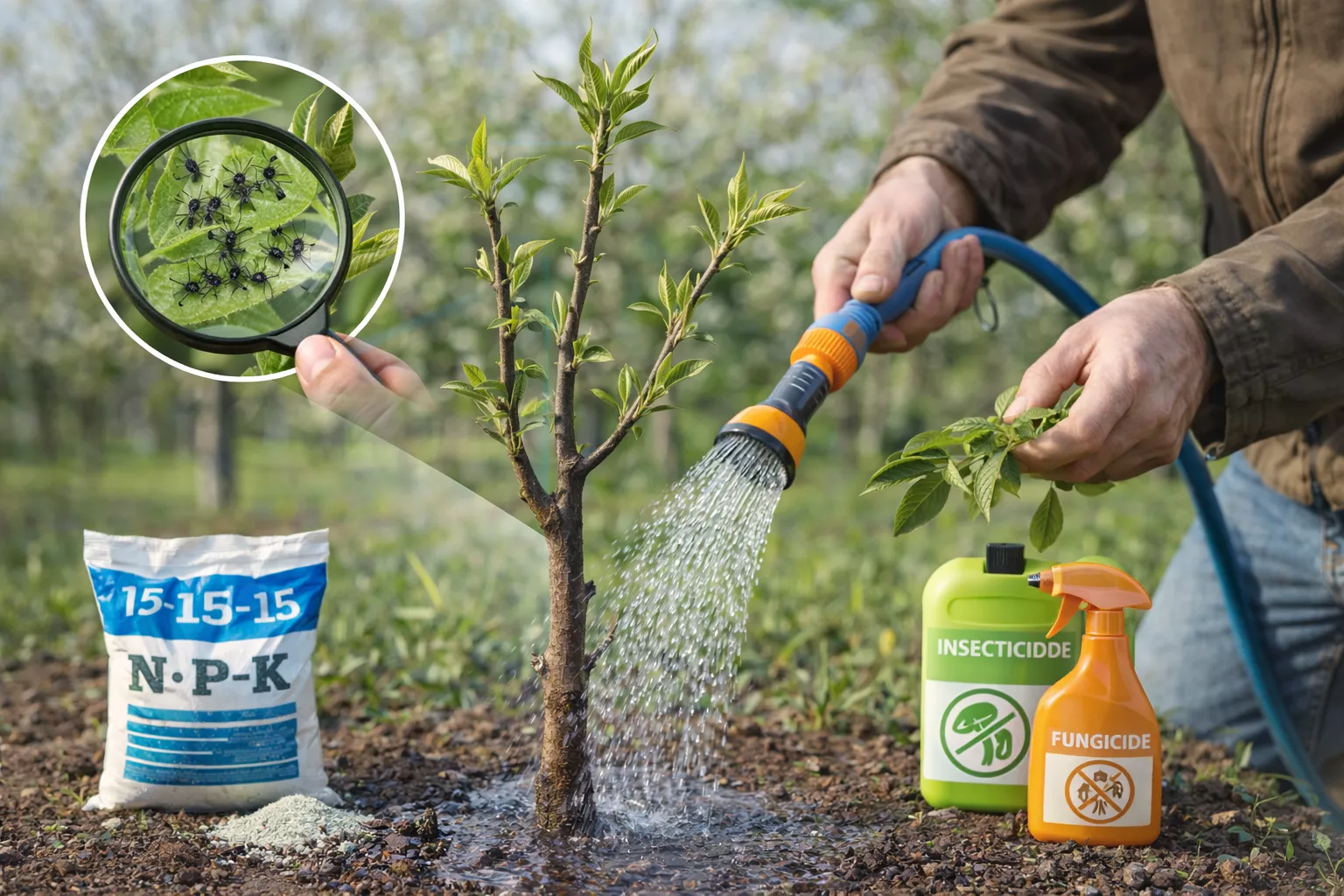 A gardener watering a freshly pruned tree while inspecting for pests using a magnifying glass. Nearby, pesticide and fungicide bottles along with a bag of fertilizer are placed on the ground, ensuring the tree's health during the growing season
www.nahalvand.com