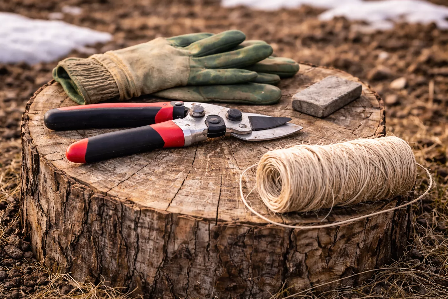 Clean and sharp pruning shears, gardening gloves, and twine prepared for pruning a young jujube sapling www.nahalvand.com