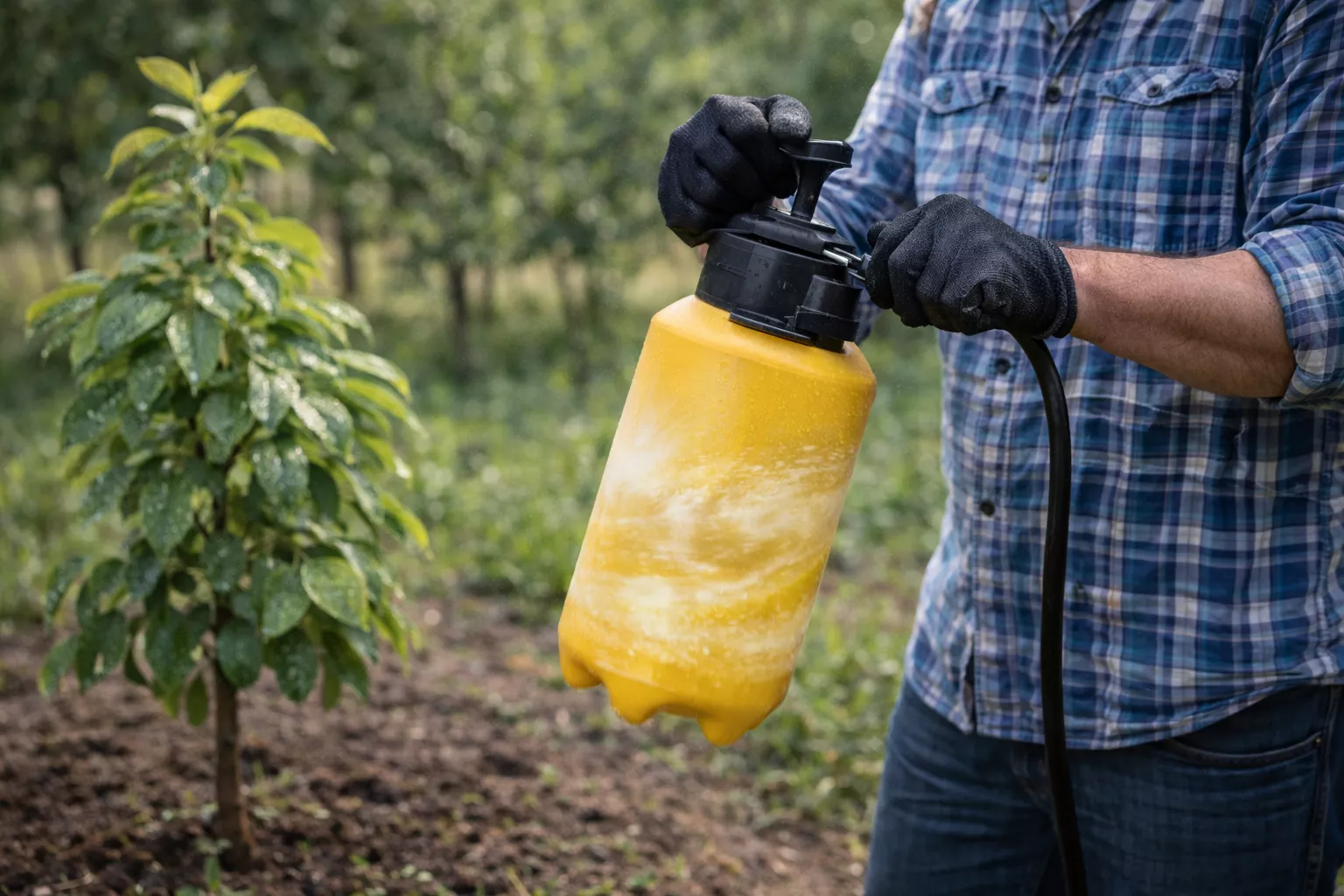 هم زدن محلول سم در سمپاش دستی برای جلوگیری از تهنشینی و یکنواخت ماندن دوز سم www.nahalvand.com