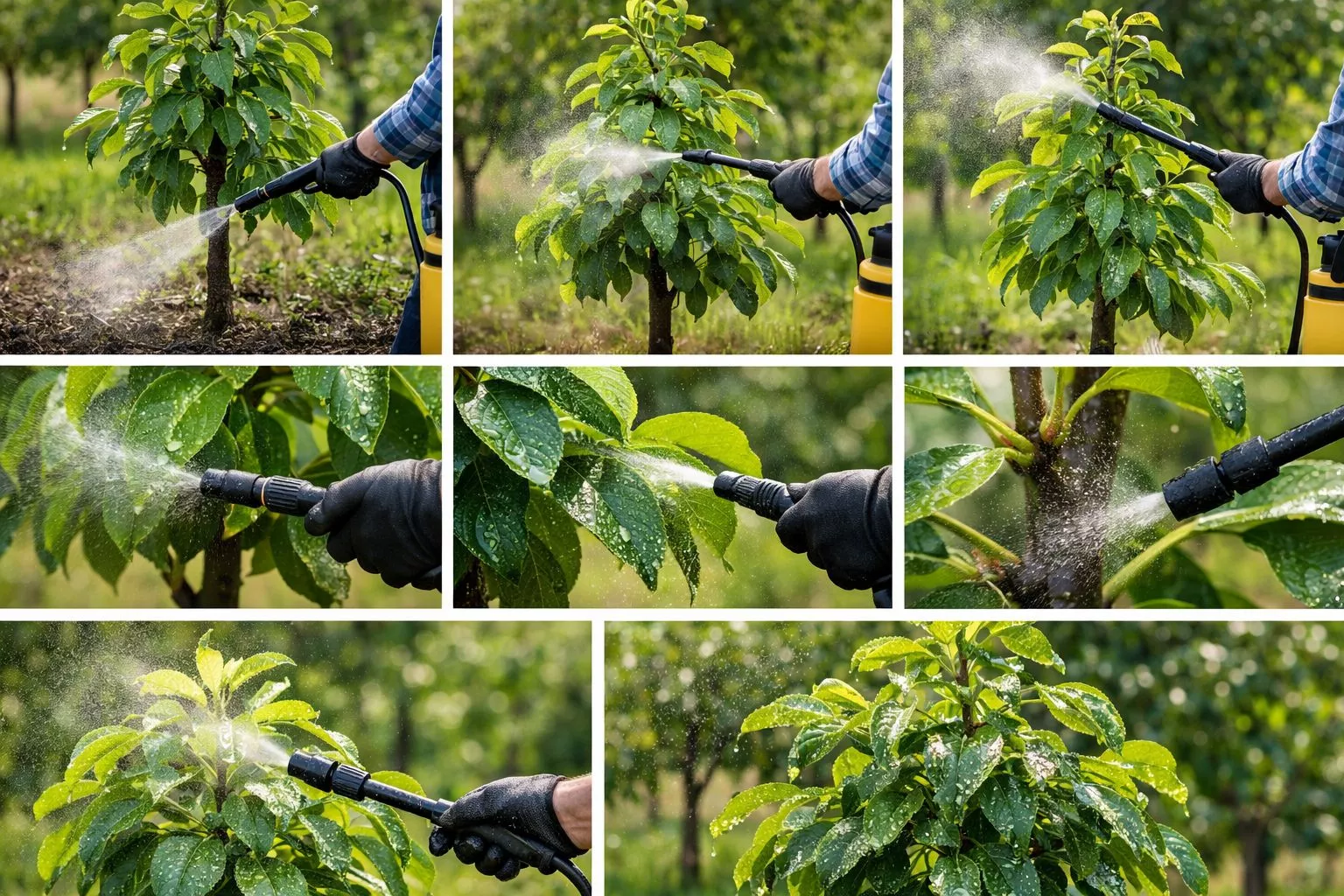 سمپاشی اصولی نهال از پایین به بالا با تمرکز روی زیر برگها و سرشاخهها در نور طبیعی باغ www.nahalvand.com