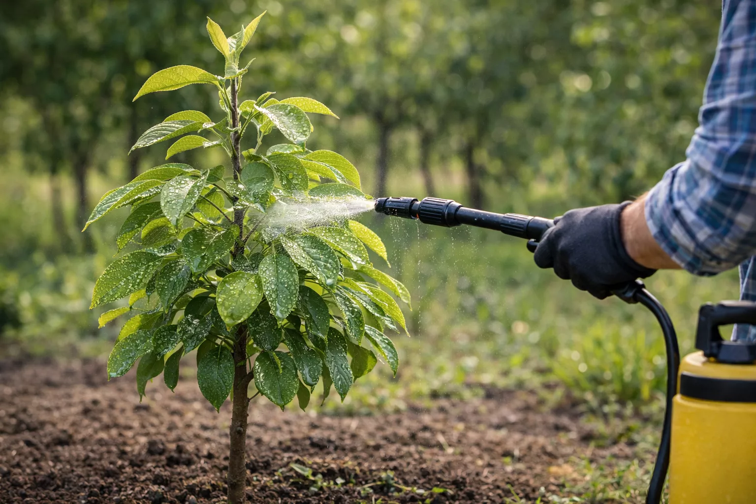 سمپاشی اصولی نهال جوان با فشار مناسب برای پوشش کامل برگها بدون خیس شدن خاک www.nahalvand.com