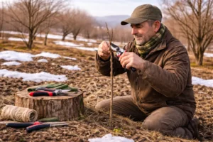 Pruning a newly planted jujube sapling in early spring using sharp and clean pruning shears www.nahalvand.com