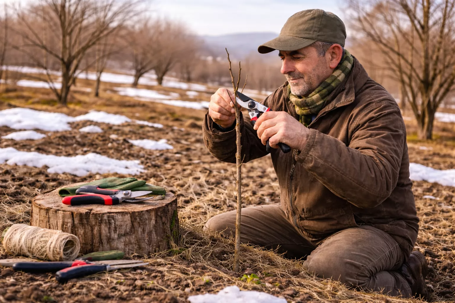 Pruning a newly planted jujube sapling in early spring using sharp and clean pruning shears www.nahalvand.com