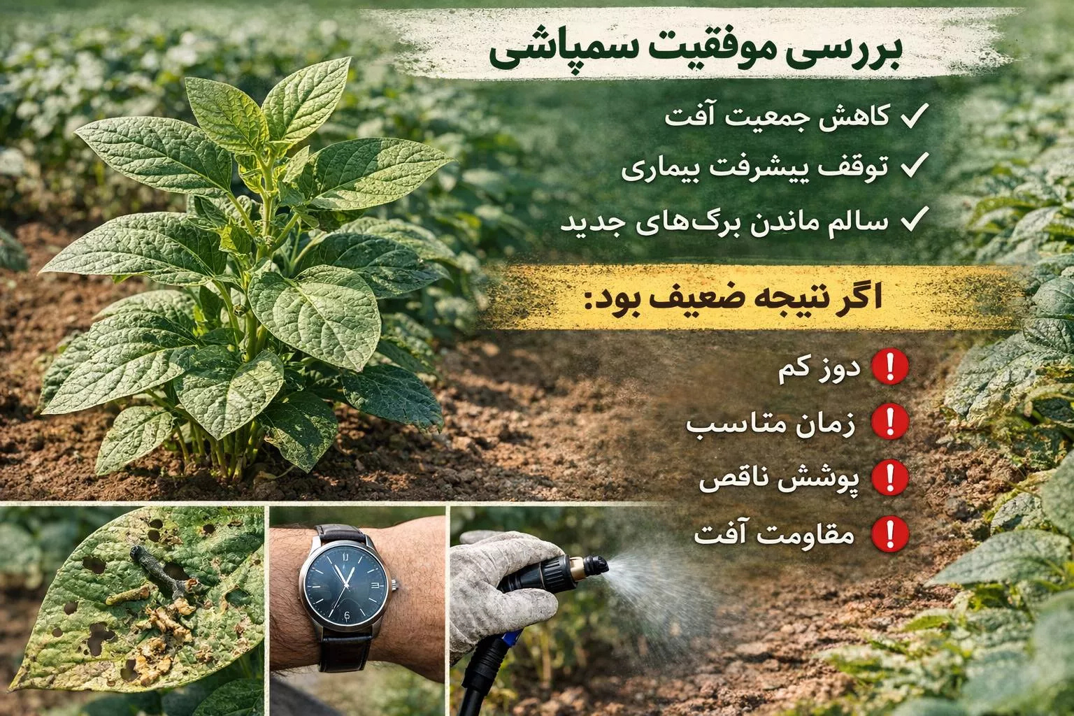 بررسی موفقیت سمپاشی در مزرعه با مشاهده کاهش آفات، توقف بیماری و سالم ماندن برگهای جدید www.nahalvand.com