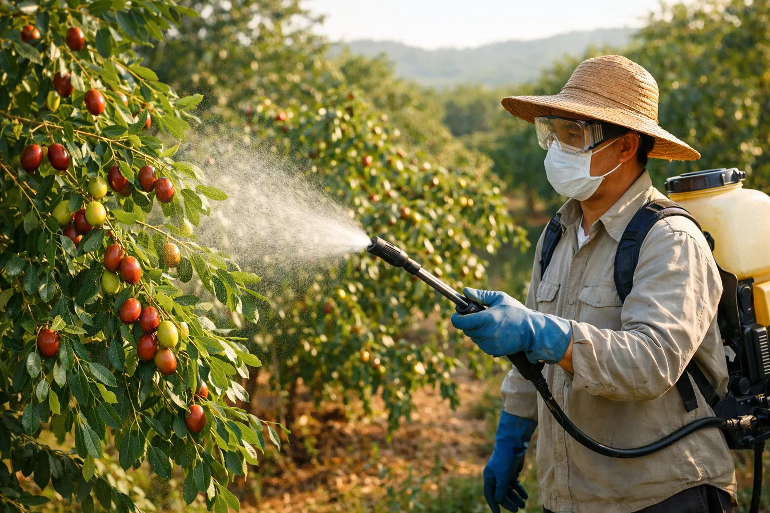 کشاورزی در حال اسپری کردن آفت‌کش به درختان میوه با هدف حفاظت از محصولات www.nahalvand.com