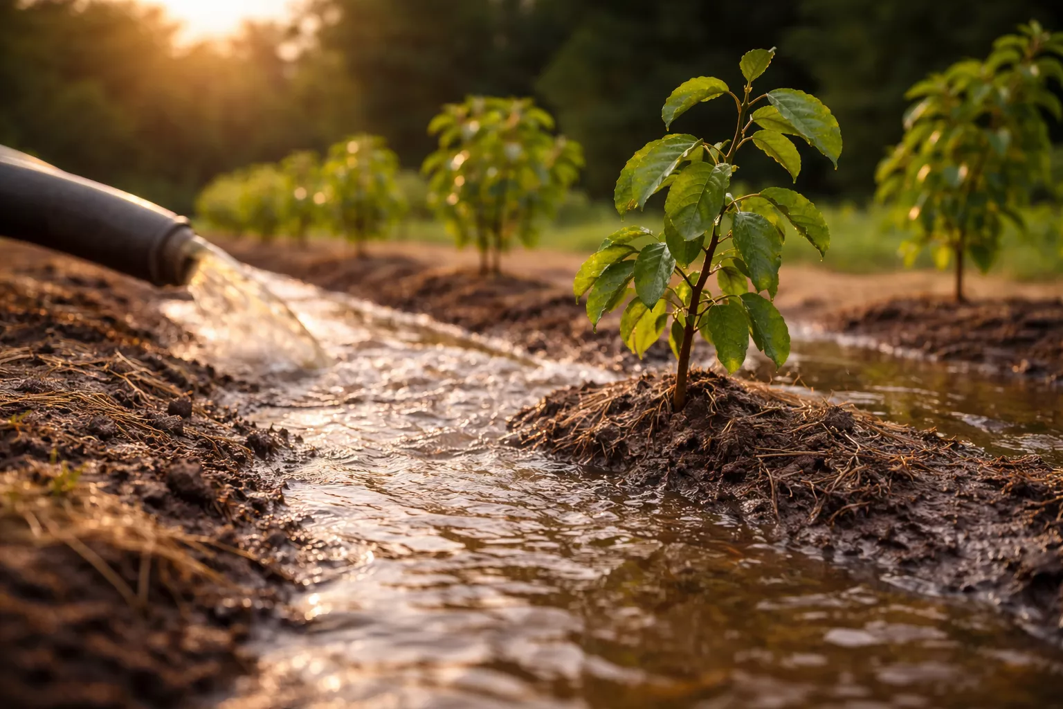 آبیاری سطحی غرقابی نهال عناب در جوی آب برای مرطوب شدن کامل خاک www.nahalvand.com