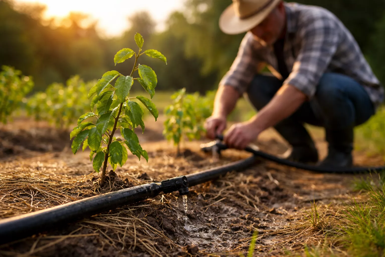 آبیاری قطرهای نهال عناب در نور طبیعی صبح با کاهش تبخیر آب www.nahalvand.com