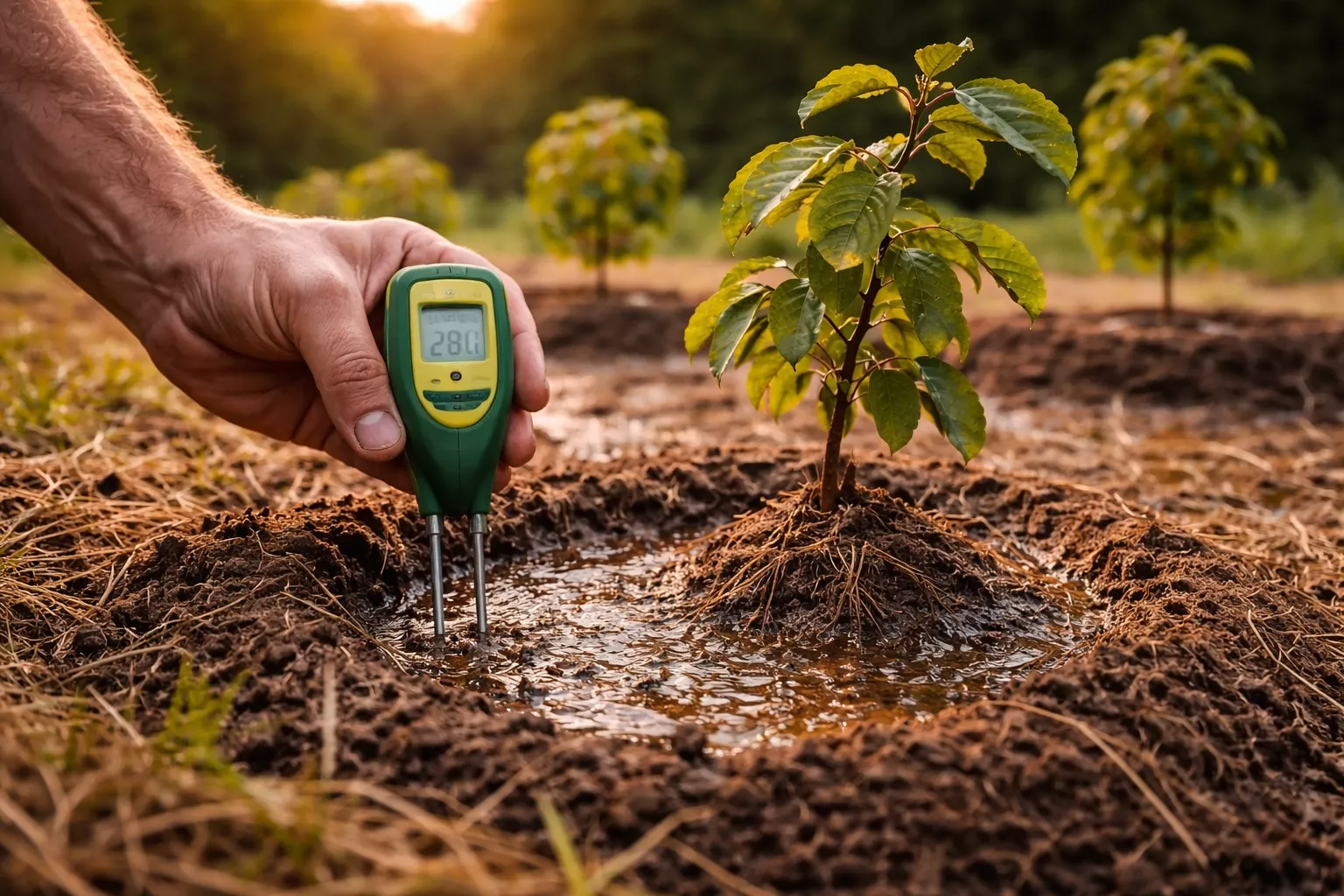 اندازهگیری رطوبت خاک کنار نهال عناب با دستگاه رطوبتسنج برای تعیین زمان آبیاری www.nahalvand.com