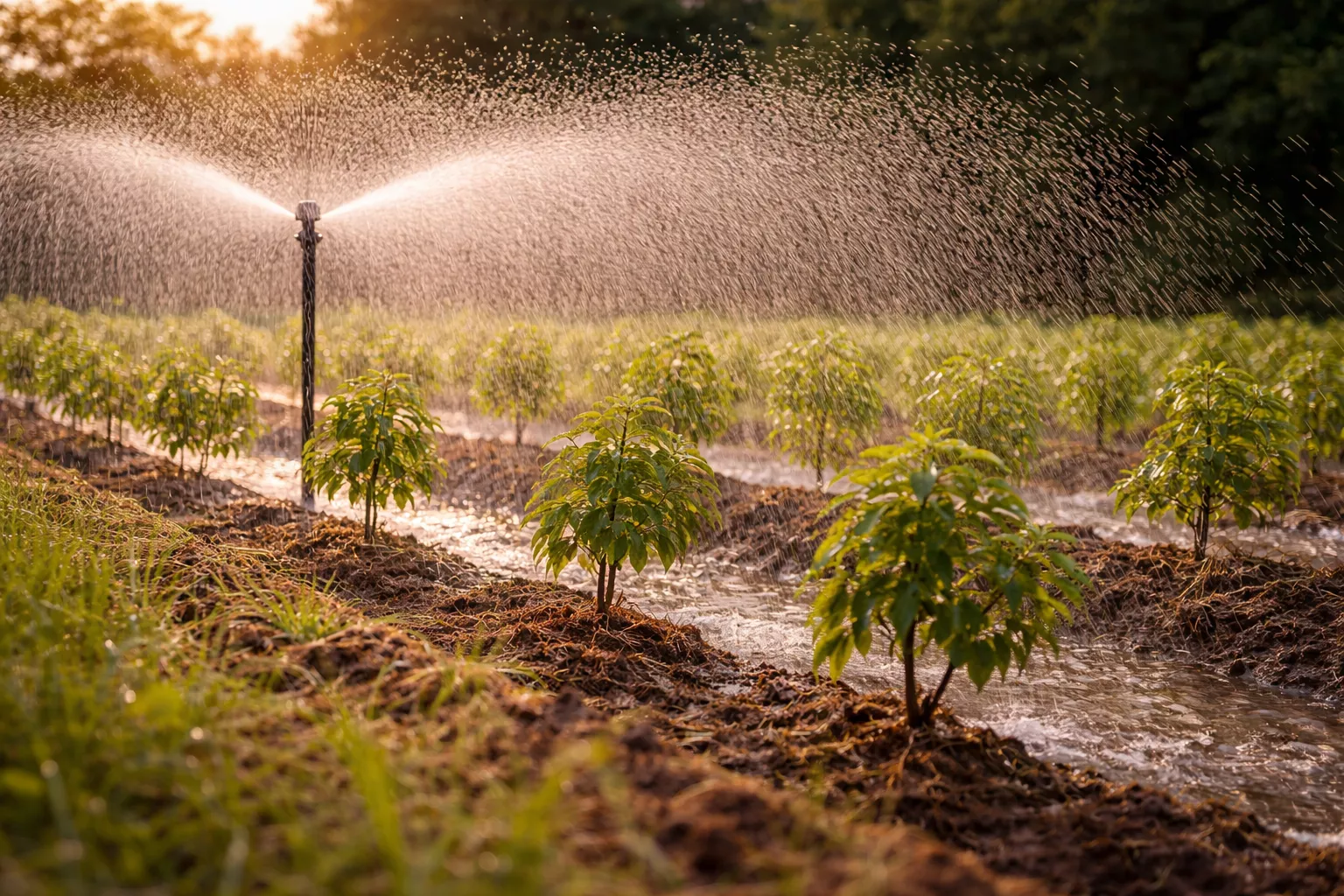 آبیاری بارانی نهالهای عناب با آبپاش در مزرعه و پخش آب به صورت بارش روی خاک www.nahalvand.com