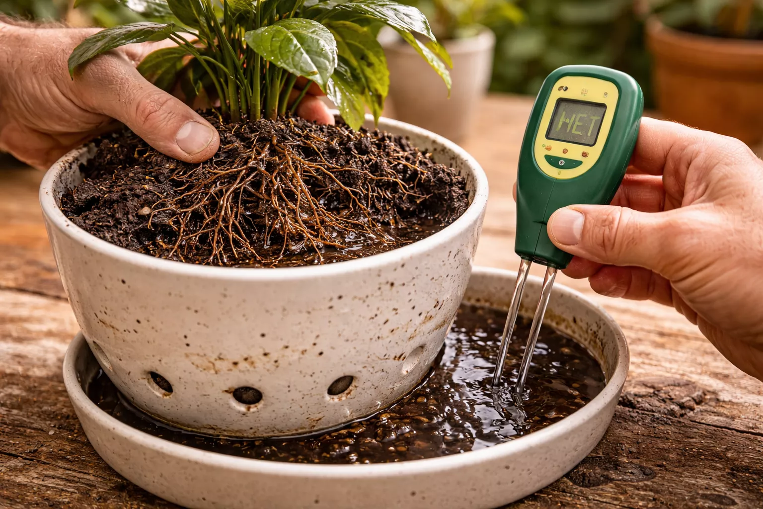 بررسی ریشههای پوسیده و آبیاری زیاد گیاه در گلدان با استفاده از دستگاه رطوبتسنج www.nahalvand.com