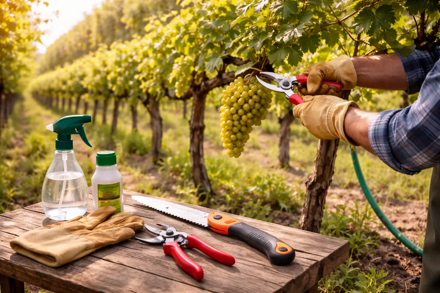 یک باغبان با دستکش‌های چرمی در حال هرس شاخه‌های انگور زیر نور خورشید است. در پیش‌زمینه، ابزارهای باغبانی شامل قیچی هرس قرمزرنگ، اره باغبانی، اسپری ضدعفونی‌کننده و دستکش‌های چرمی روی یک میز چوبی قدیمی قرار دارند. در پس‌زمینه، خوشه‌های انگور سبز در حال رشد دیده می‌شوند.